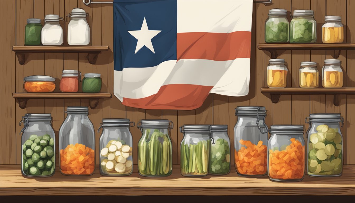 A rustic kitchen with jars of pickled vegetables and a Texas flag hanging on the wall