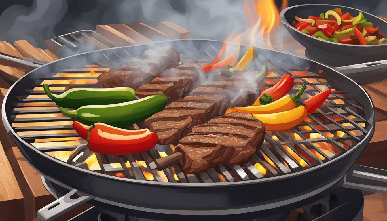 A sizzling grill with marinated beef, onions, and bell peppers cooking over an open flame. Smoke rises as the meat chars, creating the classic flavors of Texas-style fajitas