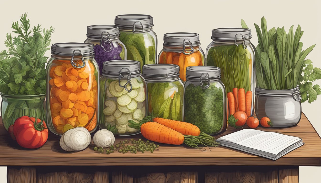 A wooden table with jars of pickled vegetables, surrounded by various herbs, spices, and a recipe book. A sign with safety guidelines and best practices is displayed prominently