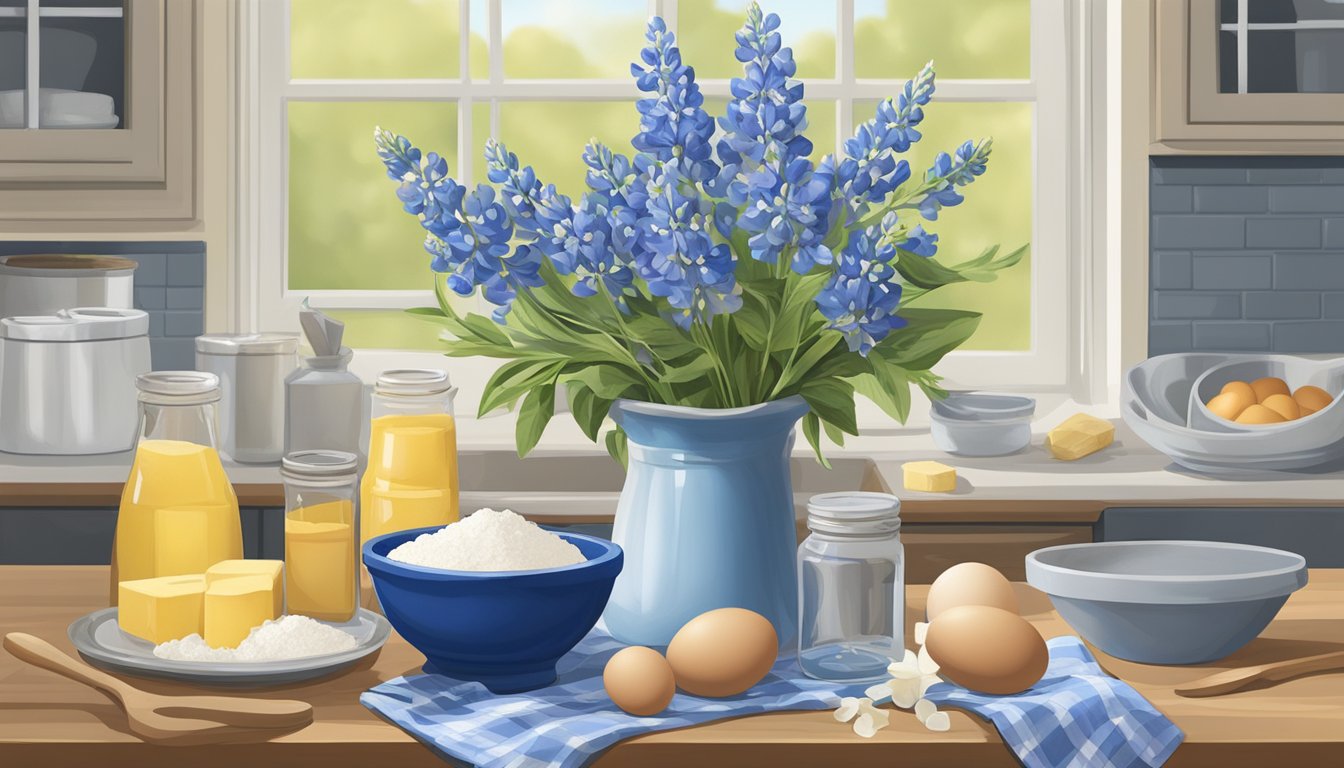 A kitchen counter with mixing bowls, measuring cups, flour, sugar, eggs, butter, vanilla extract, and a bouquet of Texas bluebonnets in a vase