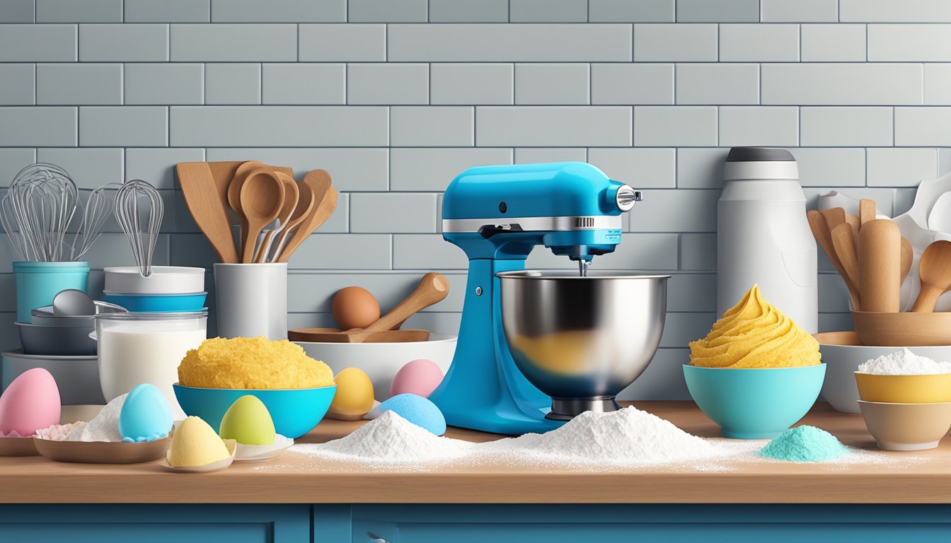 A kitchen counter with a mixer, measuring cups, mixing bowls, piping bag, and cupcake liners. Ingredients like flour, sugar, eggs, and blue food coloring are also present