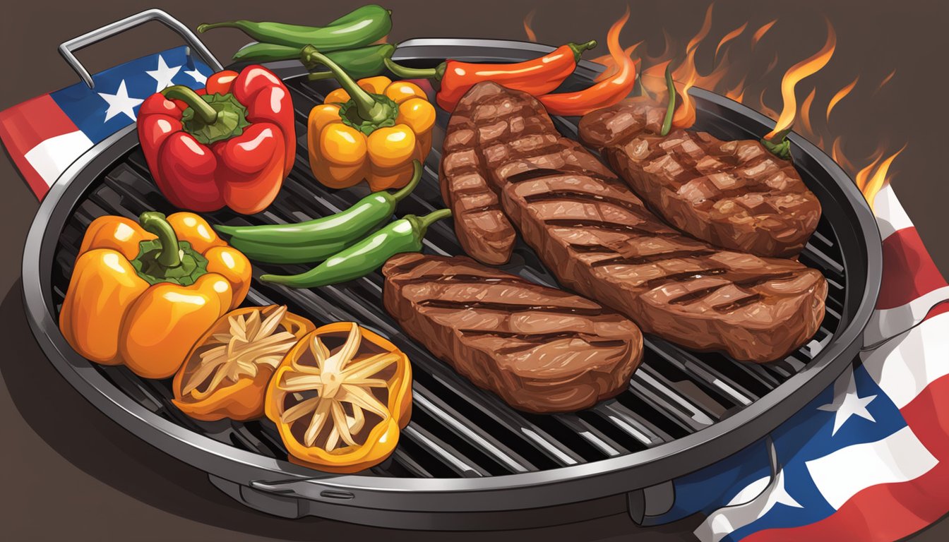 A sizzling grill with colorful peppers, onions, and marinated strips of meat cooking over an open flame. A Texas flag flutters in the background