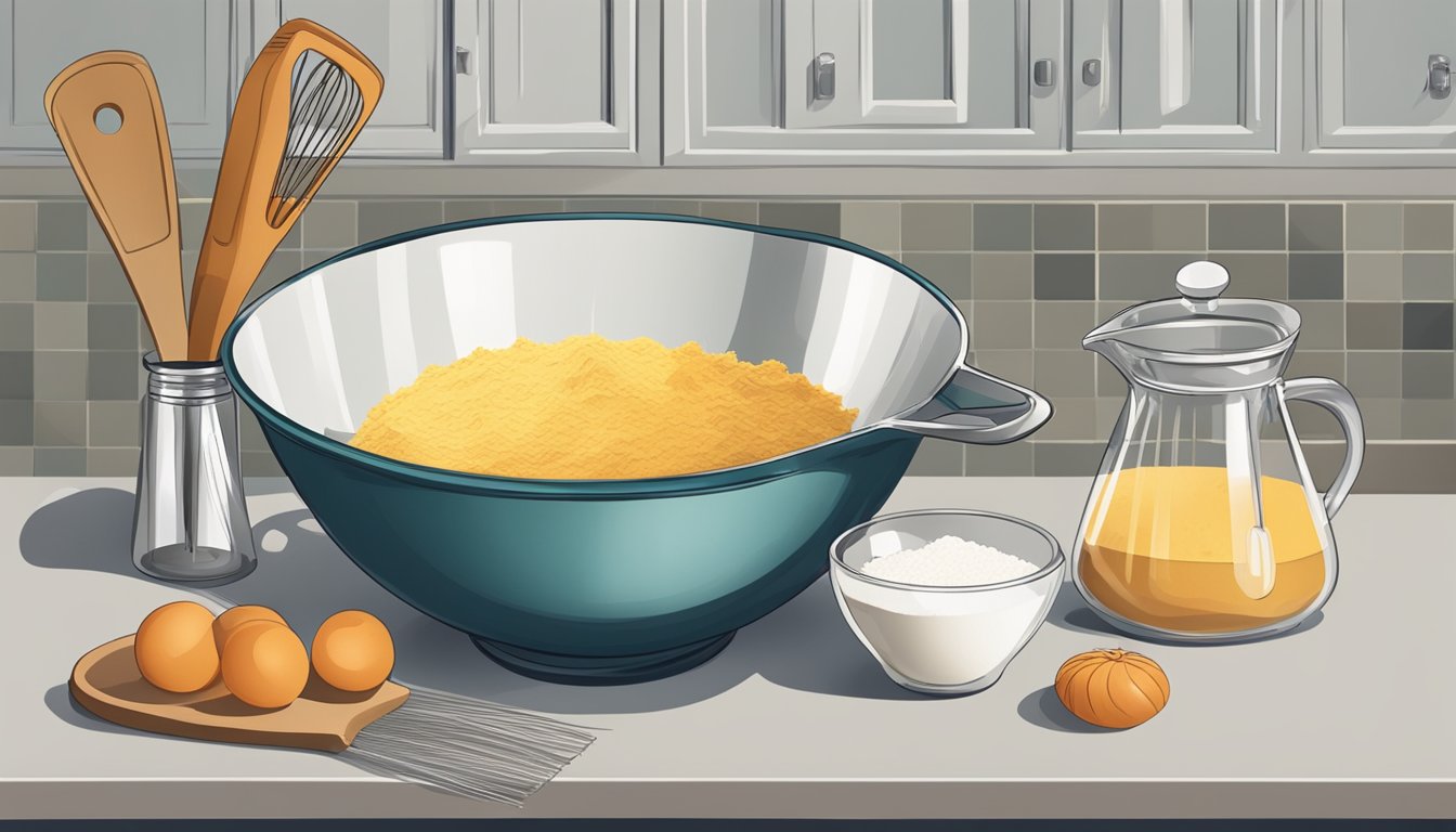 A mixing bowl filled with ingredients, a whisk, and a measuring cup on a kitchen counter