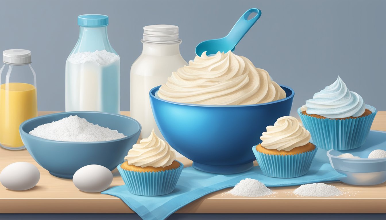 A mixing bowl filled with flour, eggs, and blue food coloring. A tray of cupcake liners and a piping bag filled with frosting sit nearby