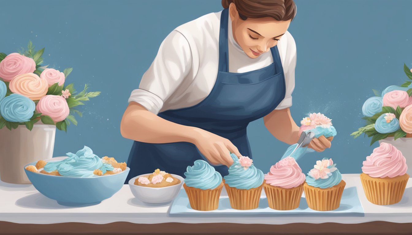 A baker carefully pipes blue frosting onto freshly baked cupcakes, adding delicate sugar flowers as finishing touches