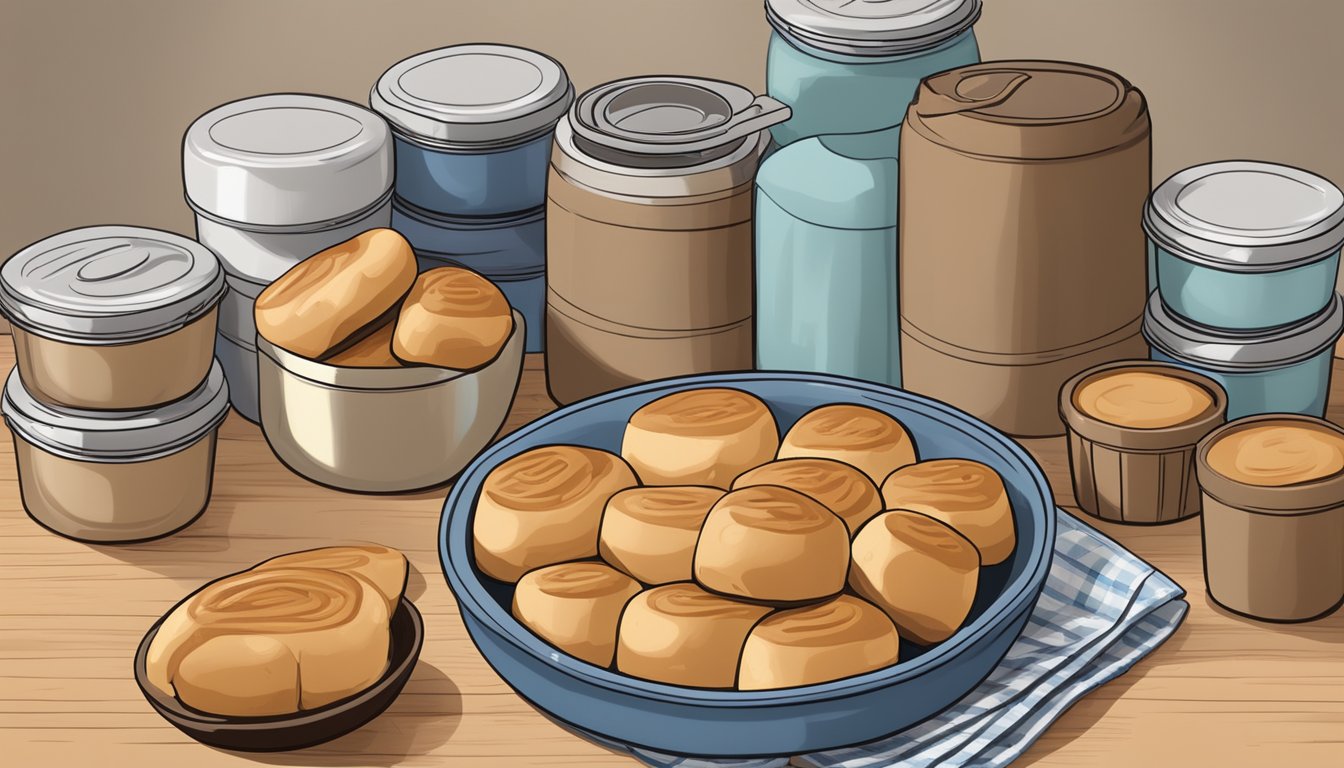 A kitchen counter with a basket of freshly baked Texas Roadhouse rolls and a bowl of cinnamon butter, surrounded by storage containers and reheating instructions