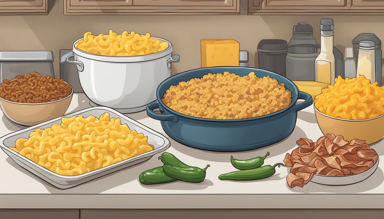 A kitchen counter with ingredients for Texas twisted mac and cheese: macaroni, cheddar cheese, jalapenos, bacon, and breadcrumbs