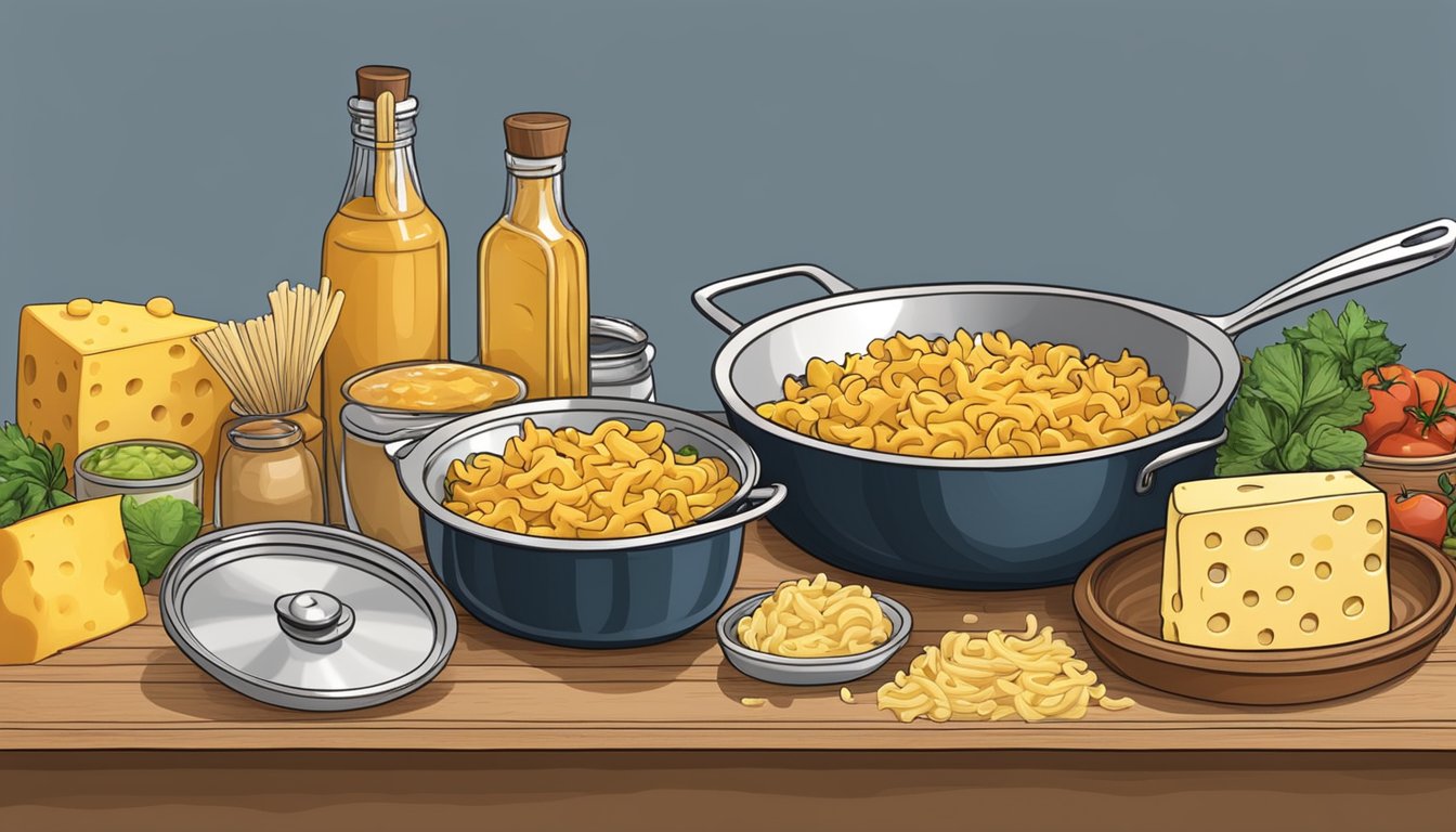 A kitchen counter with pots, pans, a colander, cheese, pasta, and various ingredients for Texas twisted mac and cheese