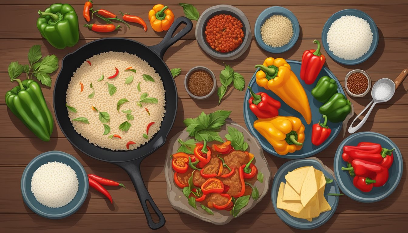 A rustic kitchen with a large wooden table, a cast iron skillet, and various fresh ingredients such as bell peppers, ground beef, rice, and spices