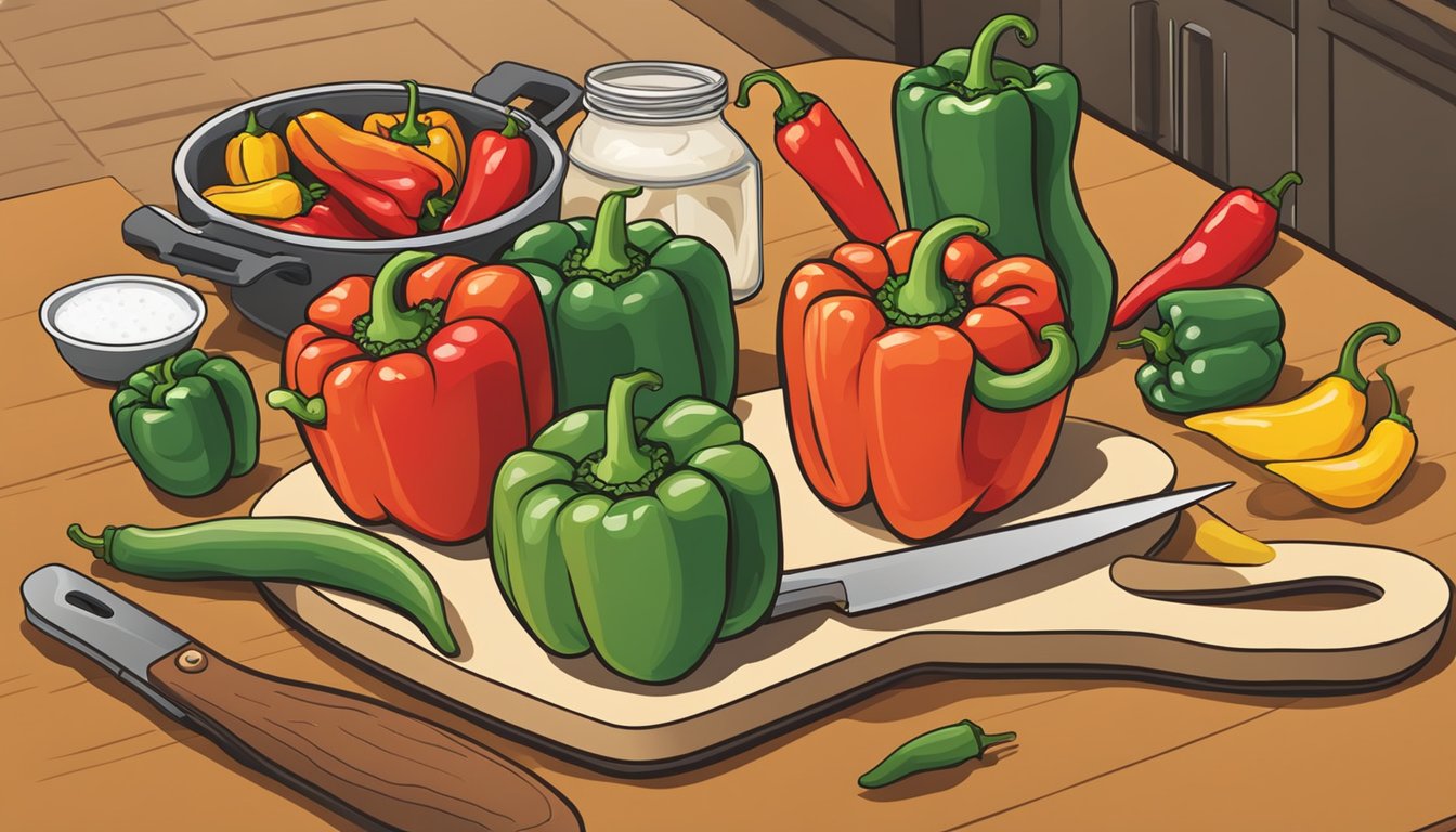 A kitchen counter with various types of peppers, a cutting board, knife, and ingredients for Texas-style stuffed peppers