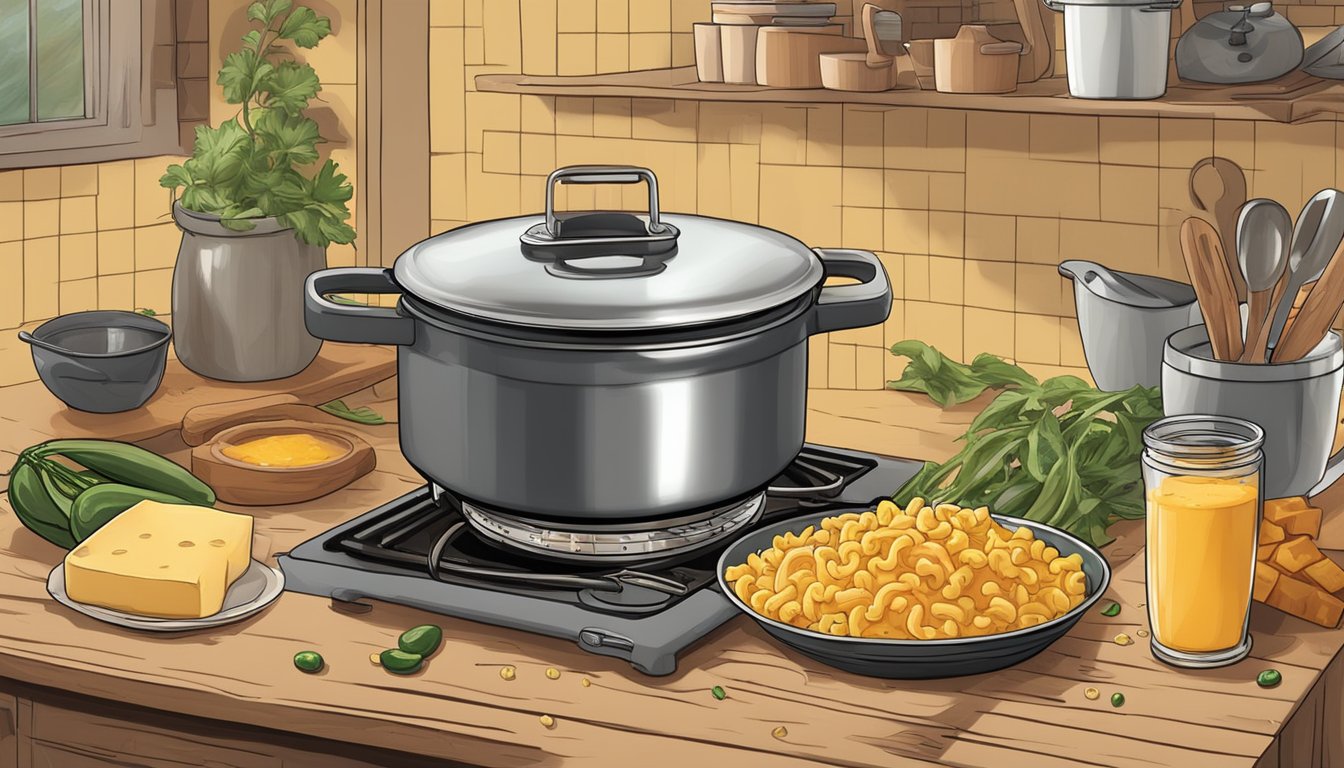 A rustic kitchen with a bubbling pot of mac and cheese on a stovetop, surrounded by ingredients like jalapeños, bacon, and cheddar cheese