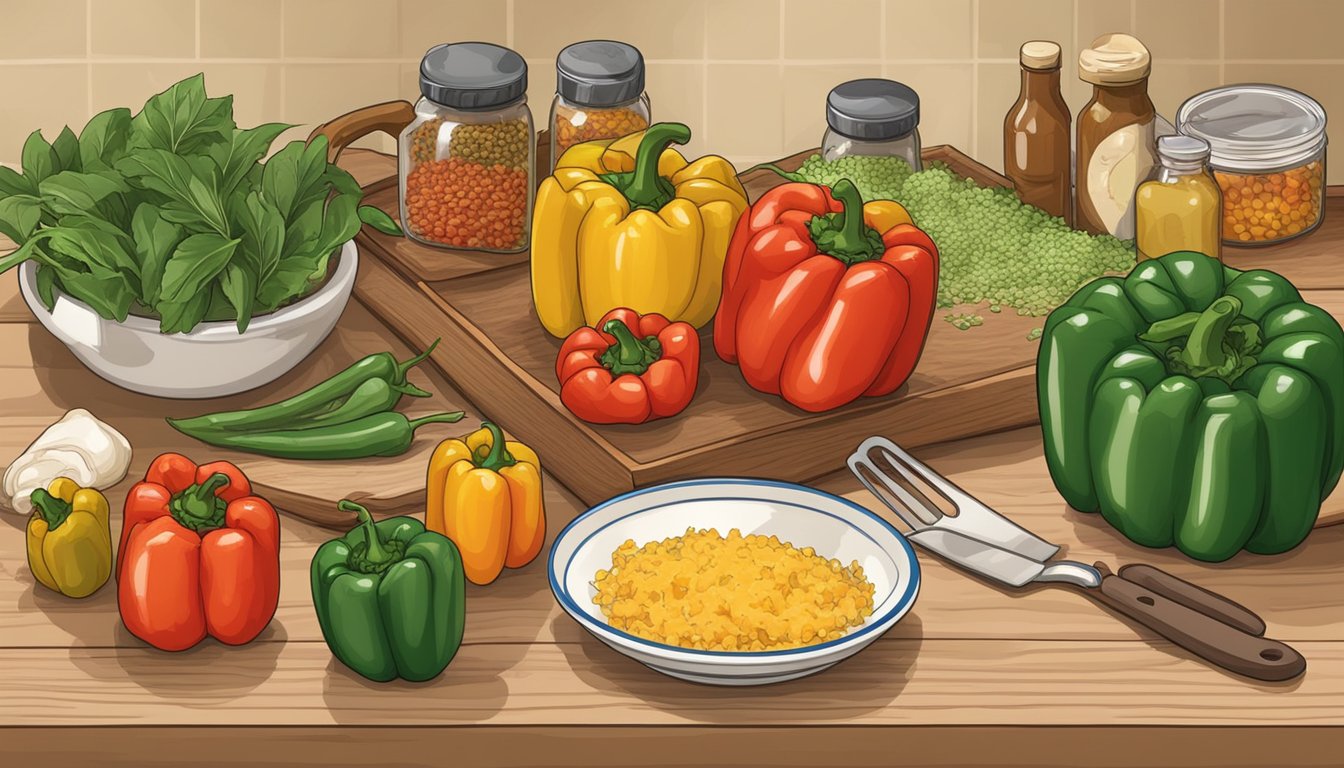 A kitchen counter with ingredients and utensils for making Texas style stuffed peppers