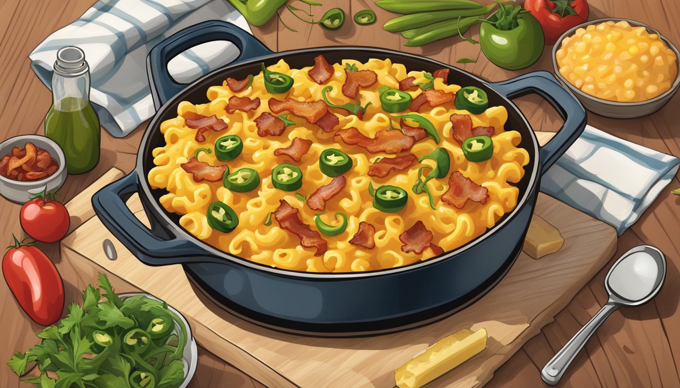 A steaming skillet of Texas twisted mac and cheese topped with crispy bacon and jalapenos, surrounded by a colorful array of fresh ingredients