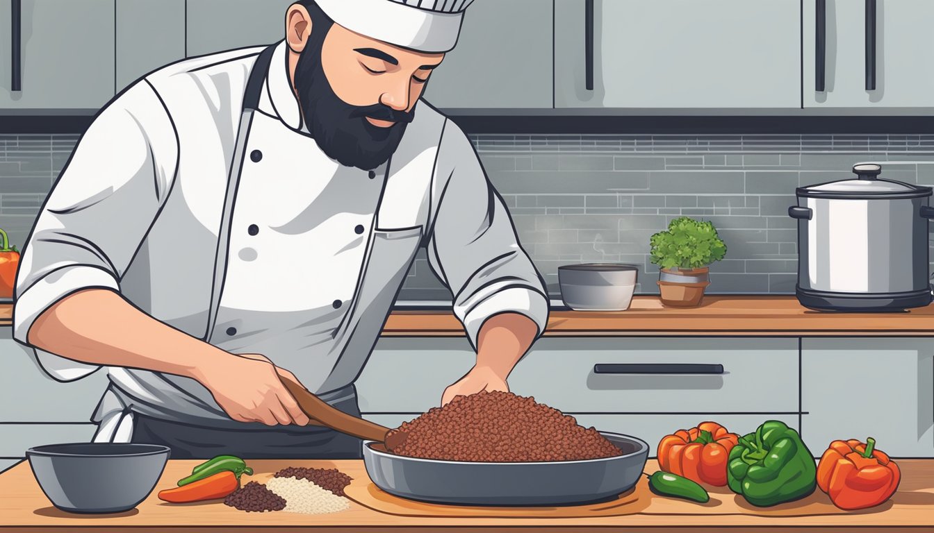 A chef mixes ground beef, rice, and spices in a bowl before stuffing the mixture into halved bell peppers on a cutting board