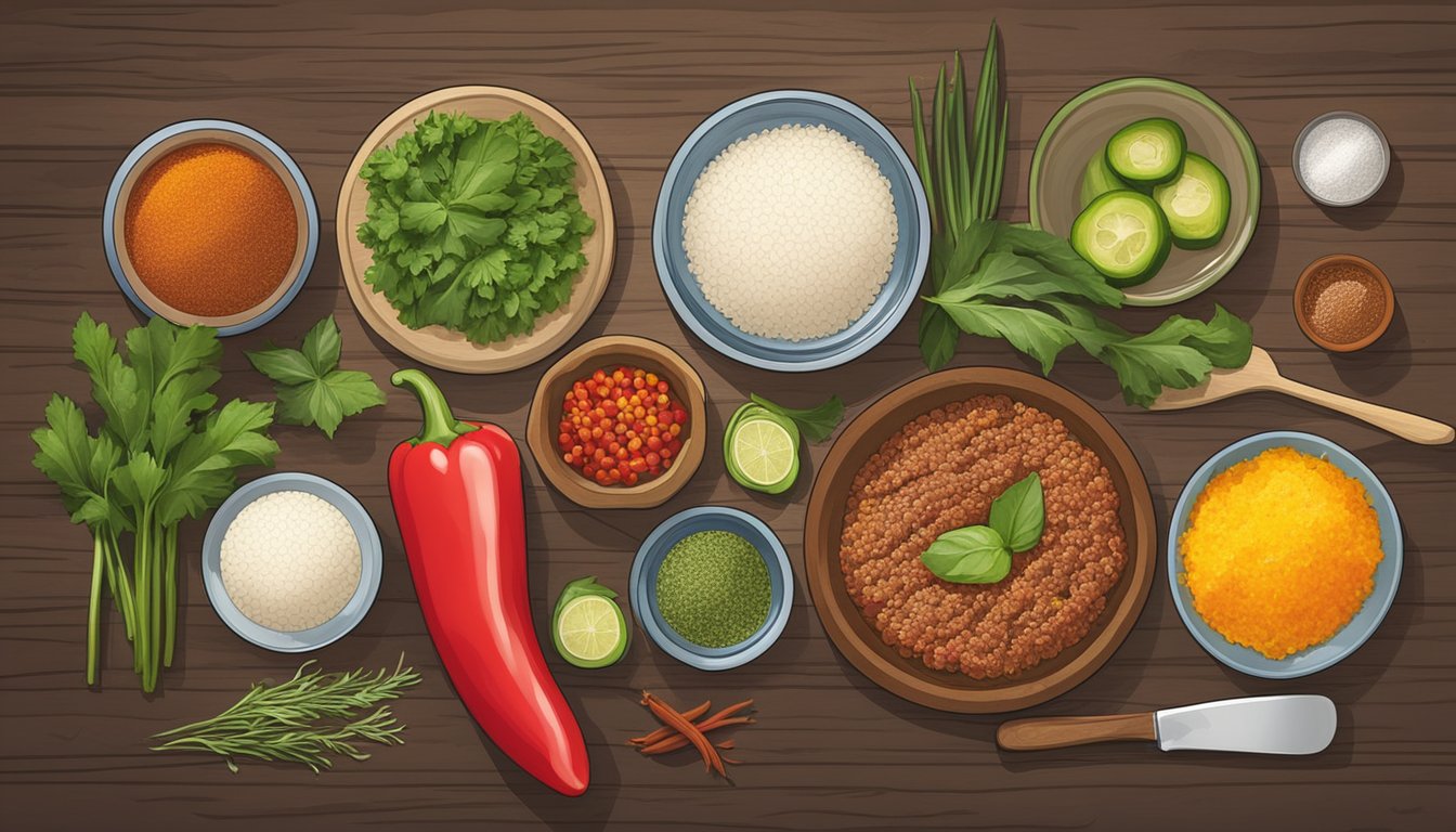 A rustic kitchen counter with a variety of fresh ingredients and spices laid out, including bell peppers, ground beef, rice, and Tex-Mex seasonings