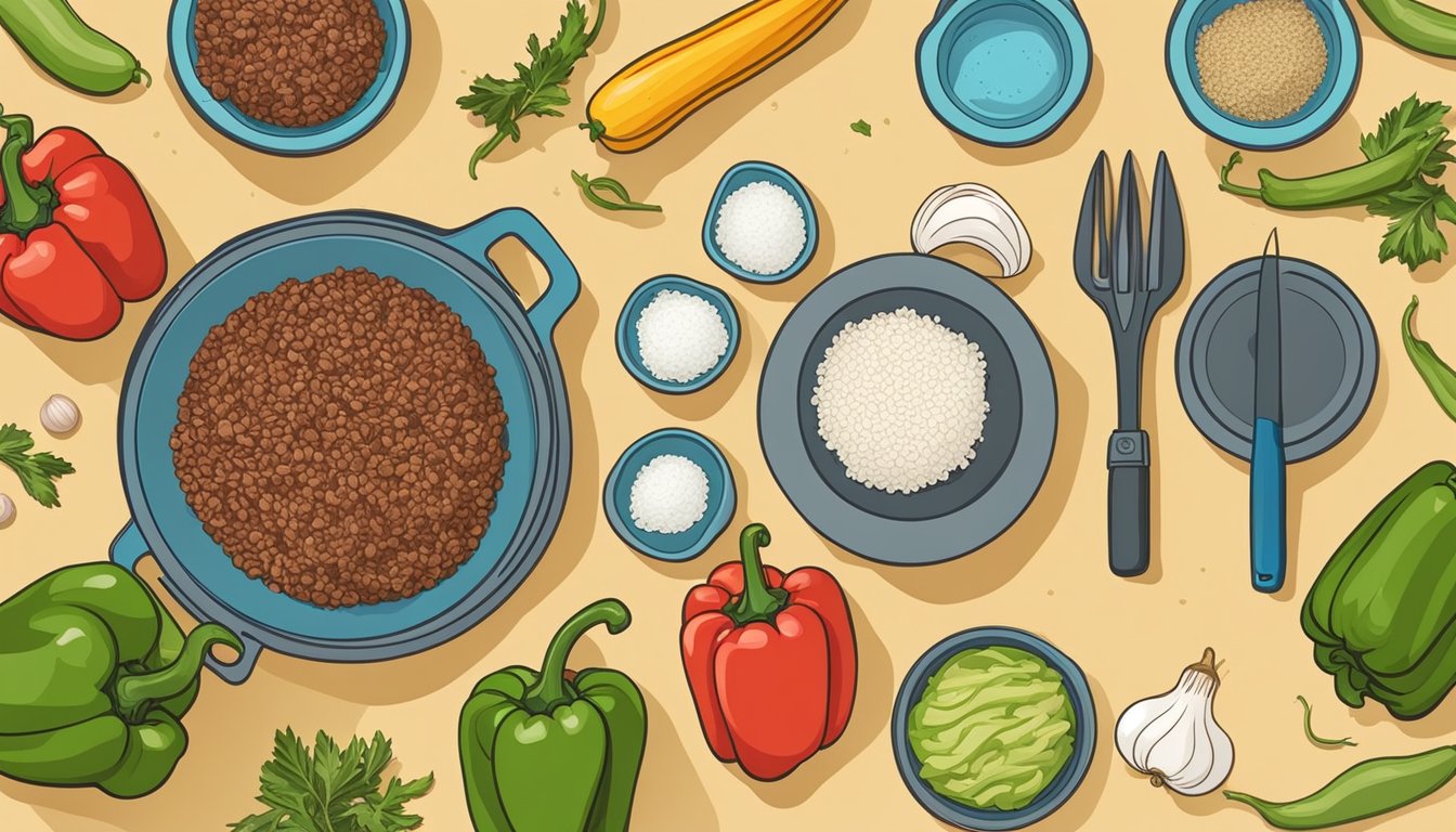 A kitchen counter with ingredients and utensils for making Texas-style stuffed peppers. Onions, ground beef, rice, tomatoes, and bell peppers are laid out