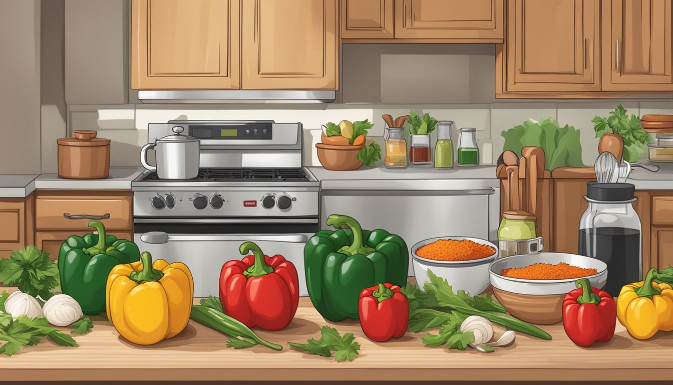 A kitchen counter with ingredients and utensils for making Texas style stuffed peppers