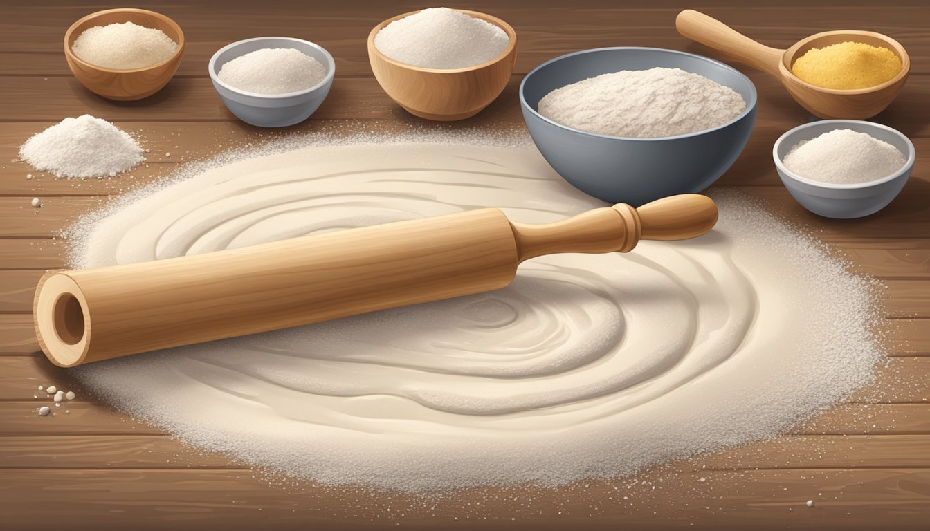 A wooden rolling pin flattens dough on a floured surface, surrounded by bowls of flour, salt, and water