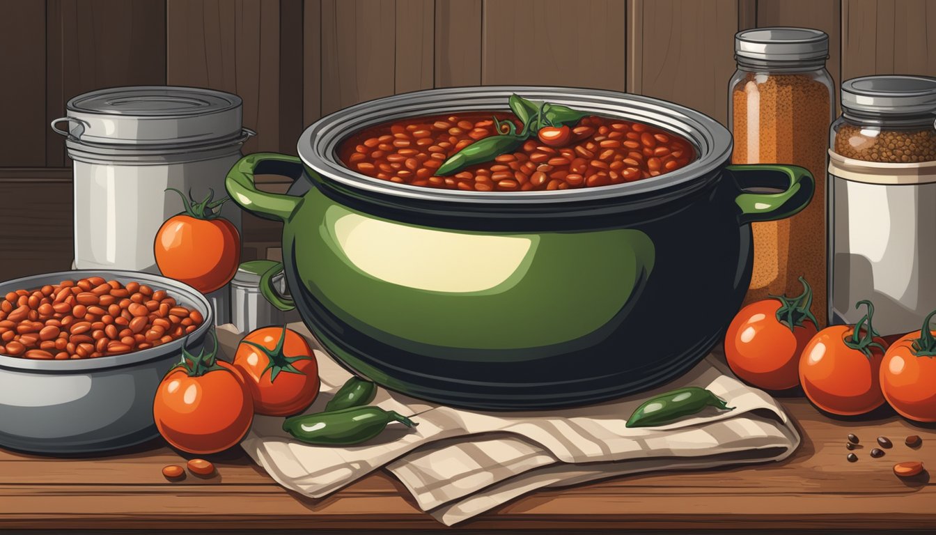 A bubbling pot of chili surrounded by cans of tomatoes, beans, and spices on a rustic kitchen counter