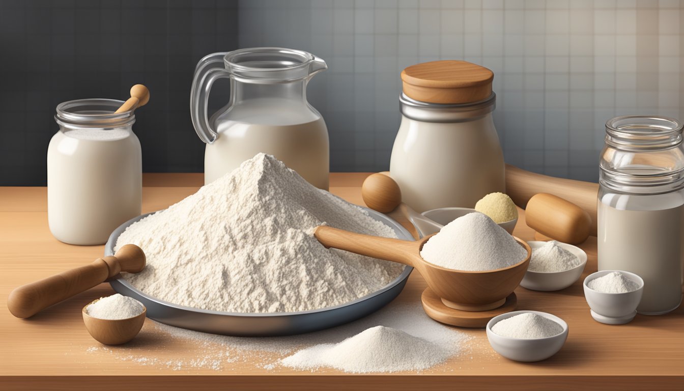 A wooden rolling pin and a mixing bowl sit on a kitchen counter next to a pile of flour and a measuring cup