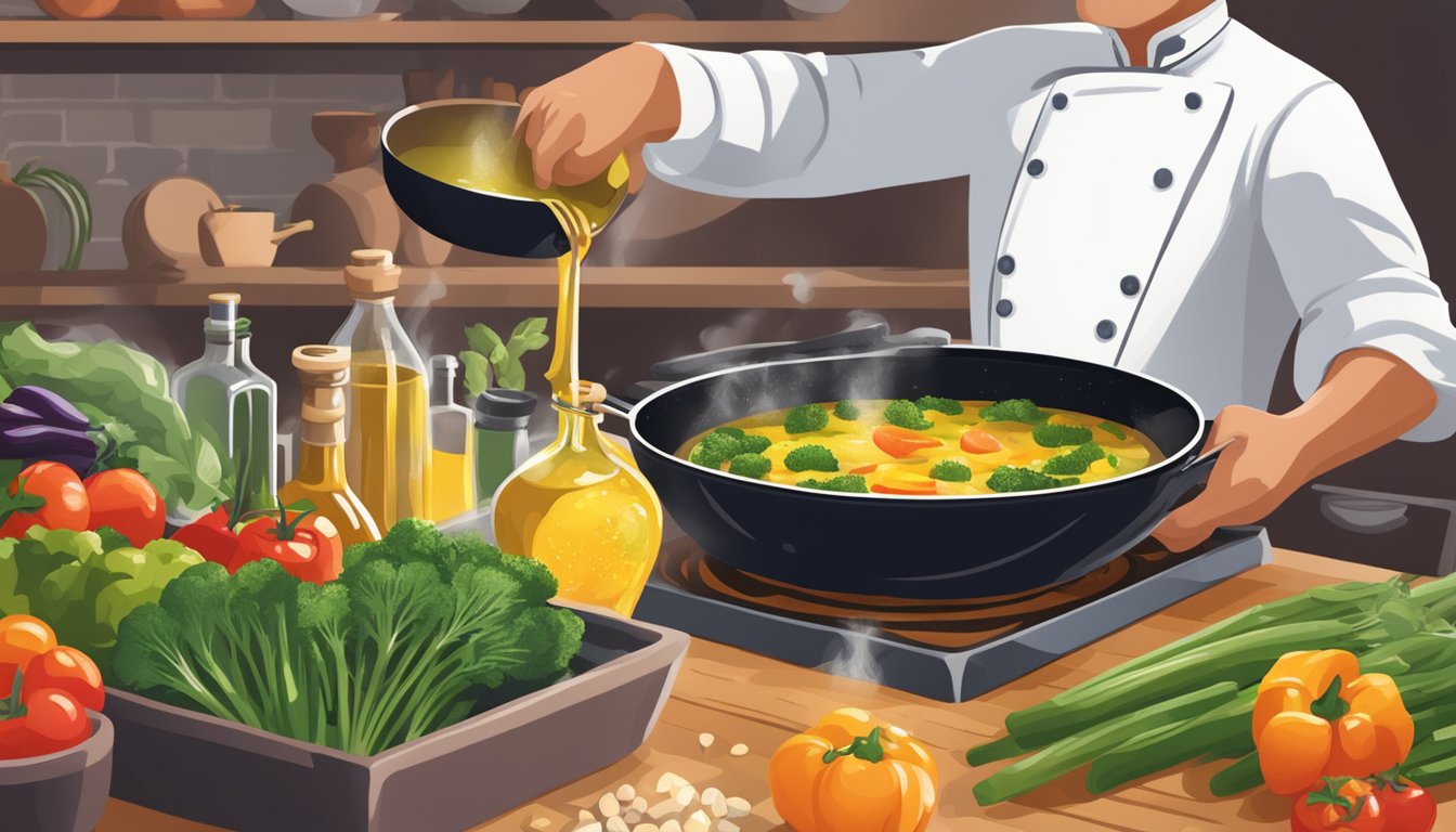 A chef drizzling Texas olive oil over a sizzling skillet of vegetables