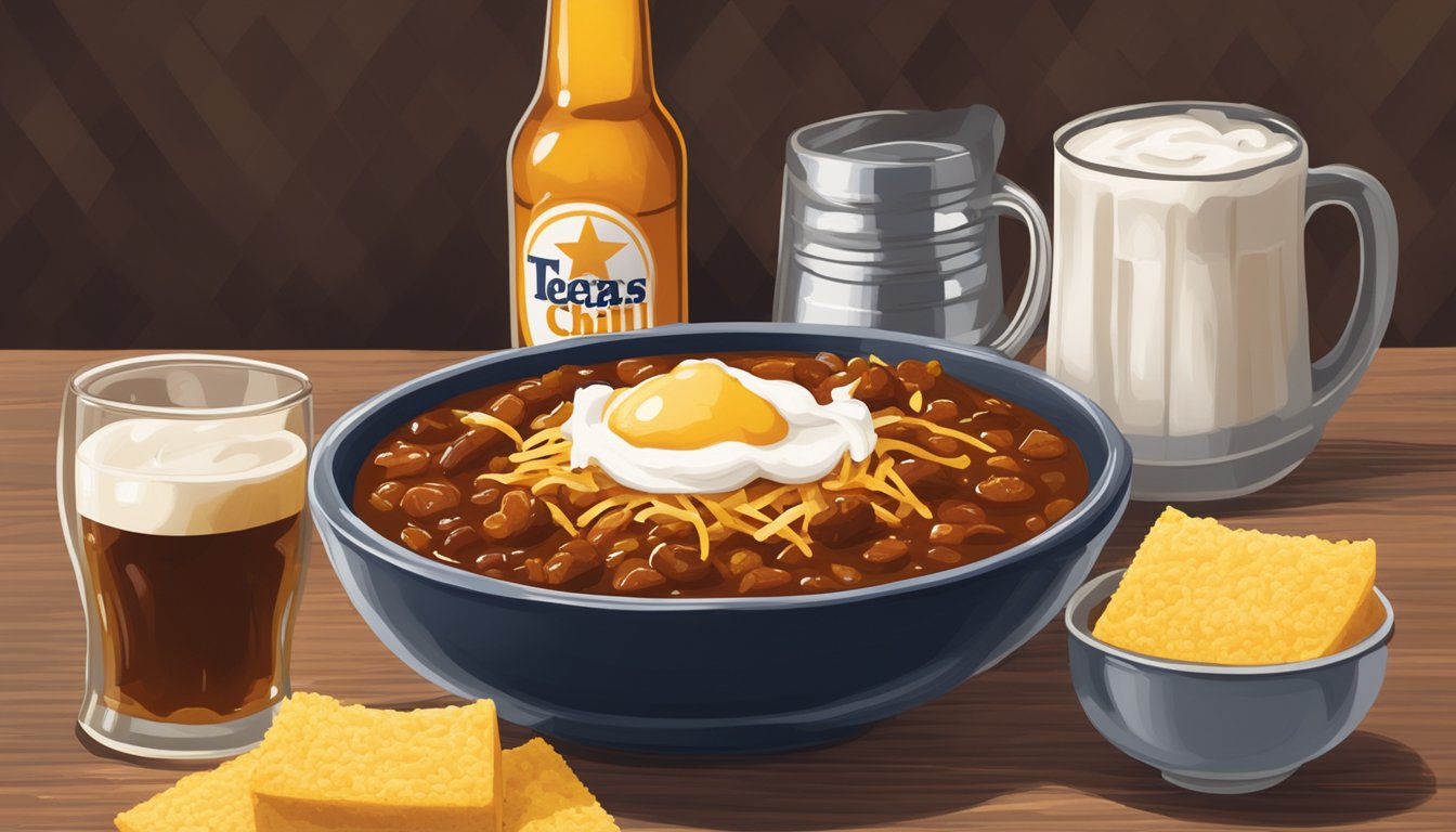 A steaming bowl of Texas chili topped with shredded cheese and a dollop of sour cream, accompanied by a side of cornbread and a cold bottle of beer