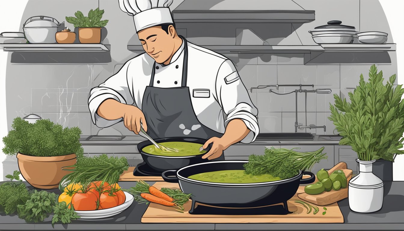 A chef pouring Texas olive oil into a sizzling pan, surrounded by fresh herbs and vegetables ready to be cooked