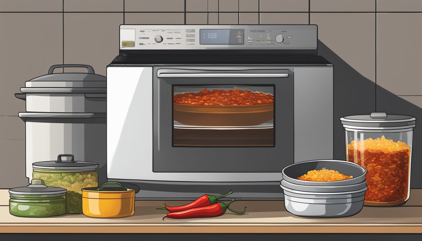 A pot of authentic Texas chili simmering on a stovetop, surrounded by various storage containers and a microwave for reheating