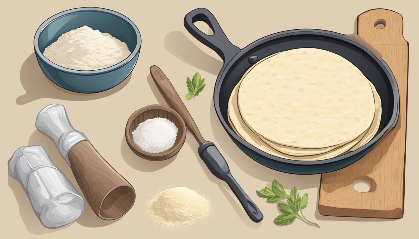 A kitchen counter with a rolling pin, mixing bowl, and ingredients for homemade flour tortillas. A stovetop with a skillet for reheating