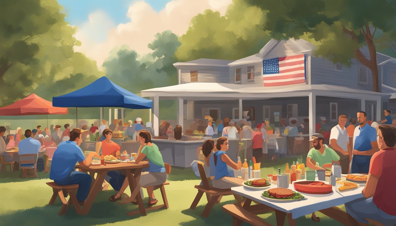 A backyard BBQ scene with a large grill, picnic tables, Texas flag decor, and guests enjoying food and drinks