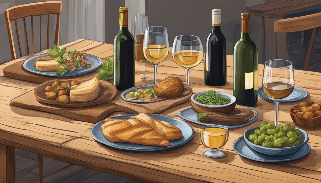 A rustic table set with Texas wines and local cuisine