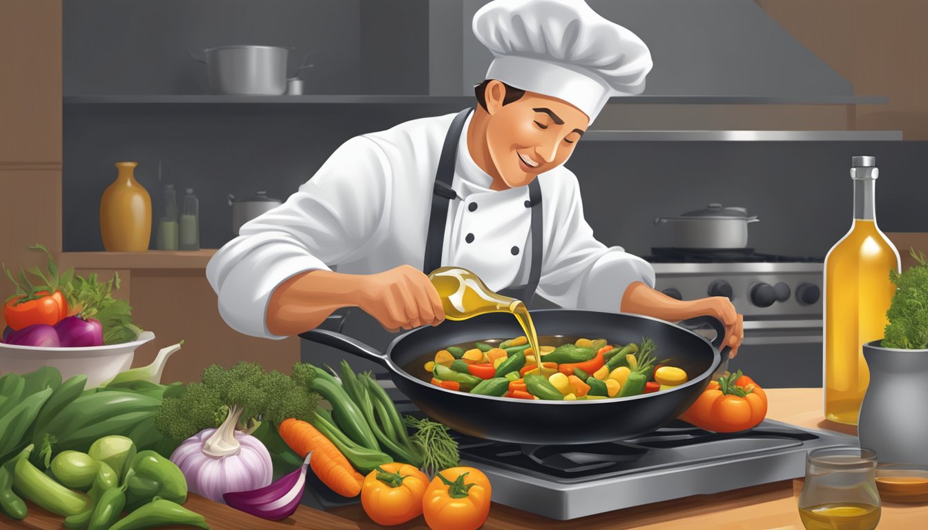 A chef pouring Texas olive oil into a sizzling skillet of vegetables, creating a flavorful and aromatic dish