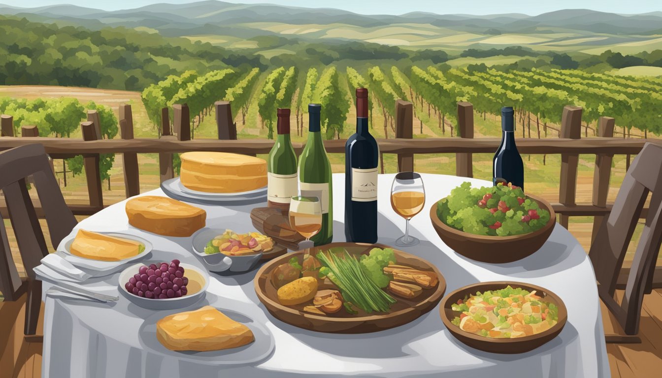 A rustic table set with Texas wines and local cuisine, surrounded by vineyards and rolling hills