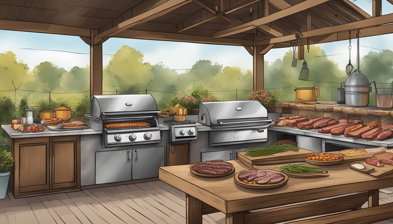 A rustic outdoor kitchen with a variety of meats being seasoned and prepared for a Texas-style backyard BBQ