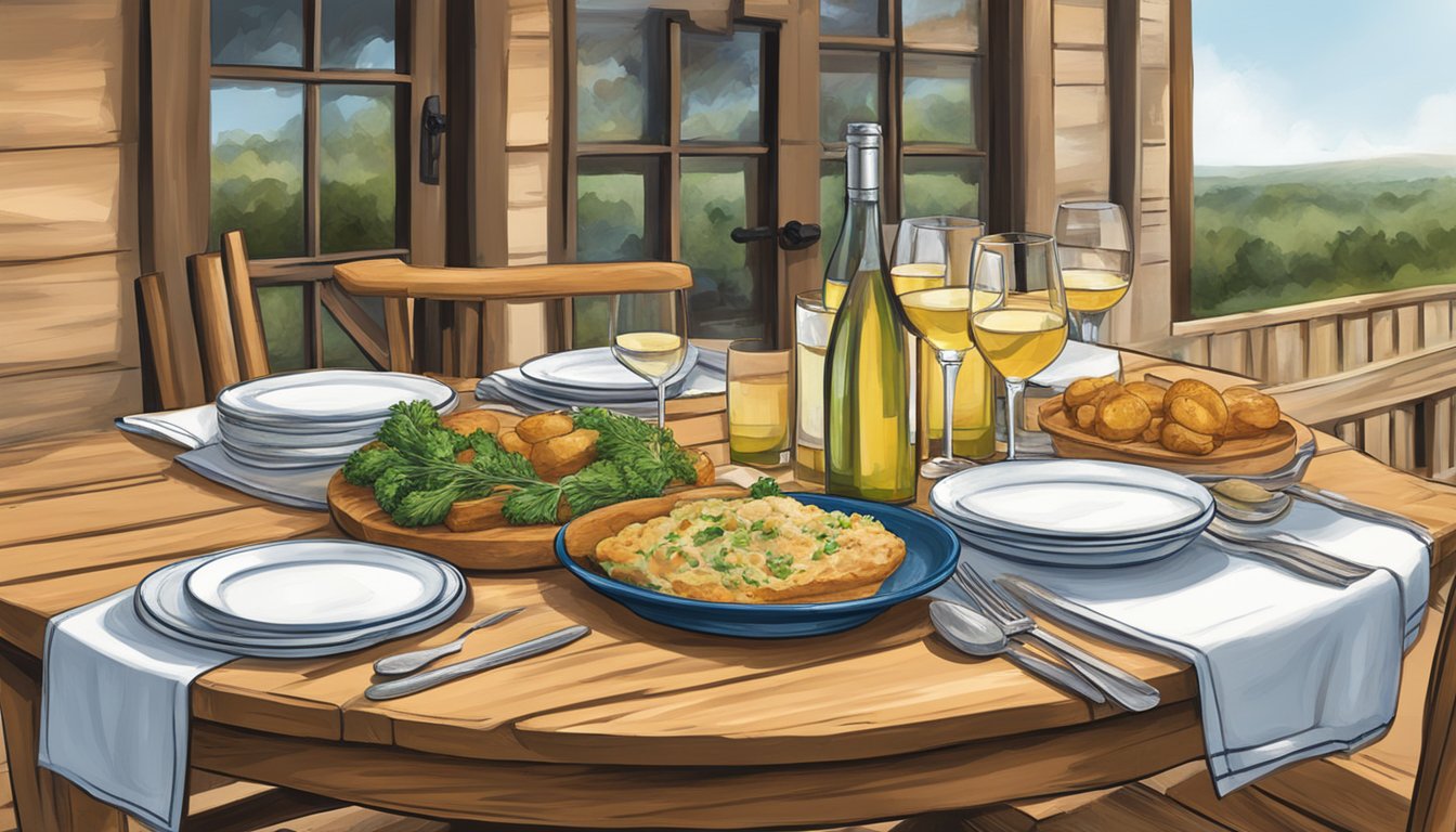 A rustic table set with Texas white wines and local cuisine