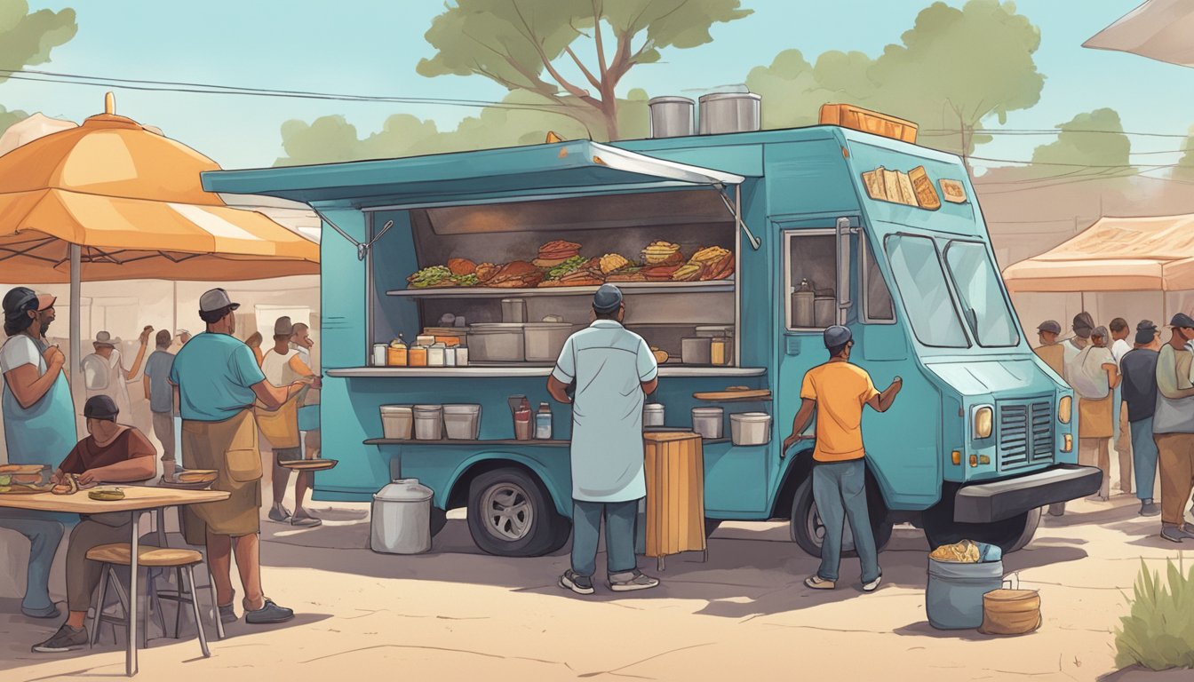 A food truck parked on the side of a dusty Texas road, with a chef grilling meat and assembling tacos while customers line up eagerly