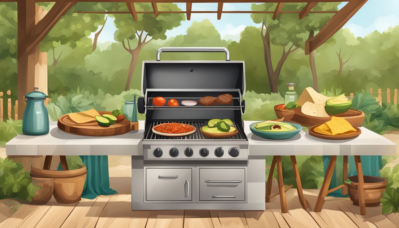 A rustic outdoor kitchen with a grill, cutting board, and various ingredients like tortillas, meat, salsa, and avocado