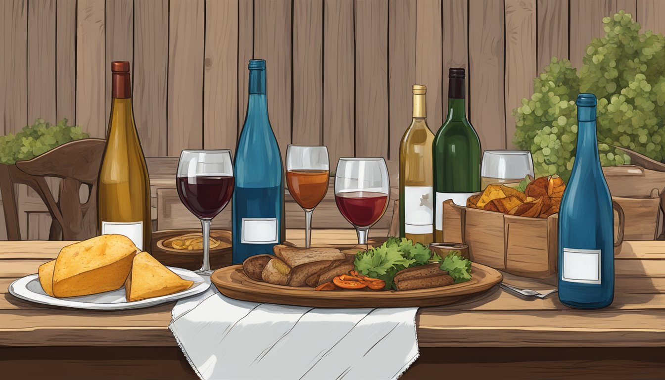 A rustic Texan table set with local dishes and bottles of Texas wine