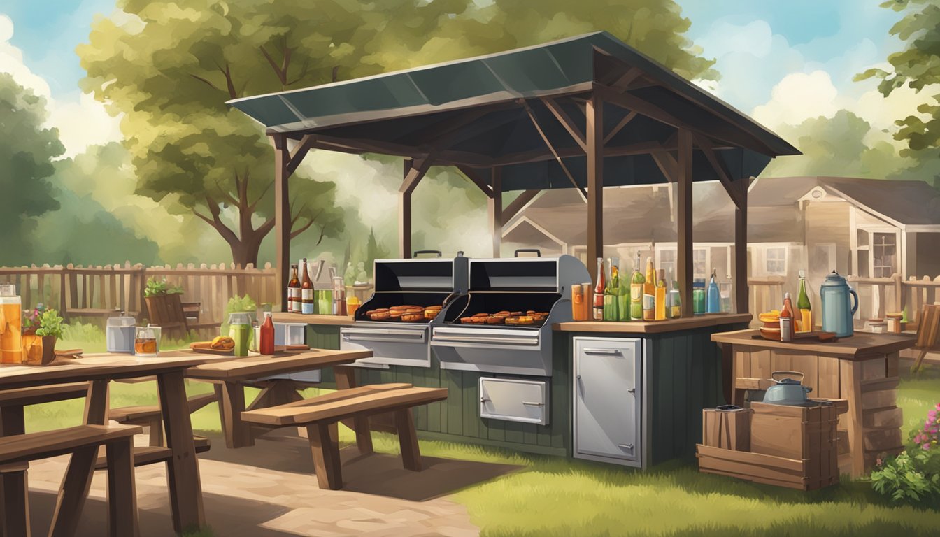 A rustic backyard BBQ scene with a large smoker, picnic tables, and a variety of beverages including iced tea, beer, and soda