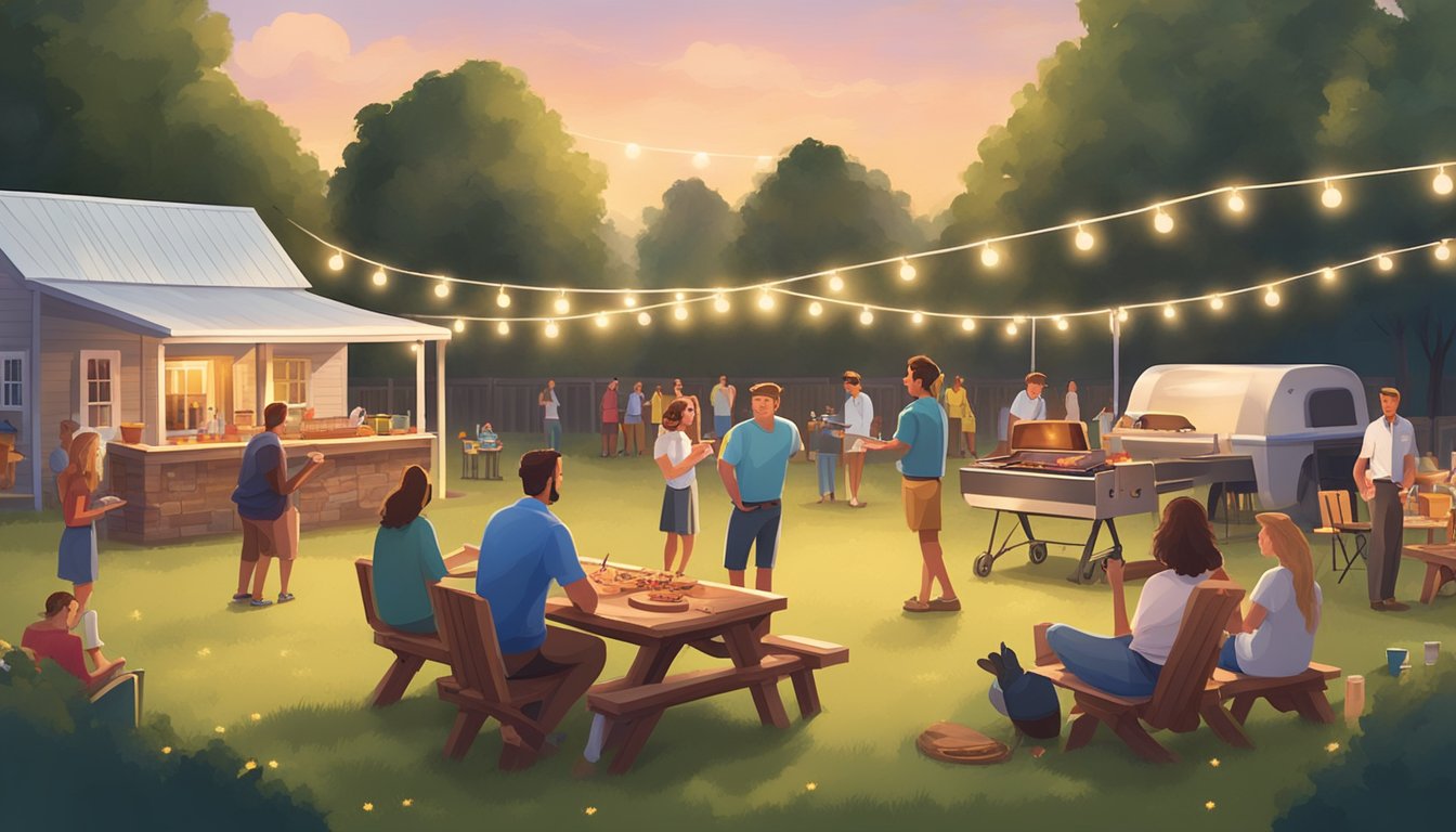 A backyard BBQ with a large grill, picnic tables, and string lights. Guests playing horseshoes and cornhole, while a country band performs on a small stage