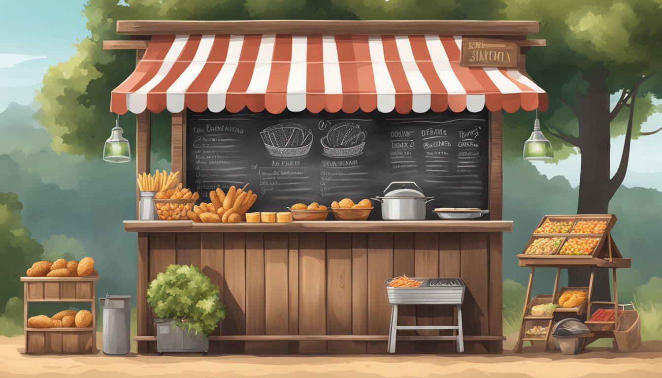 A rustic roadside food stand with a grill, fresh ingredients, and a chalkboard menu