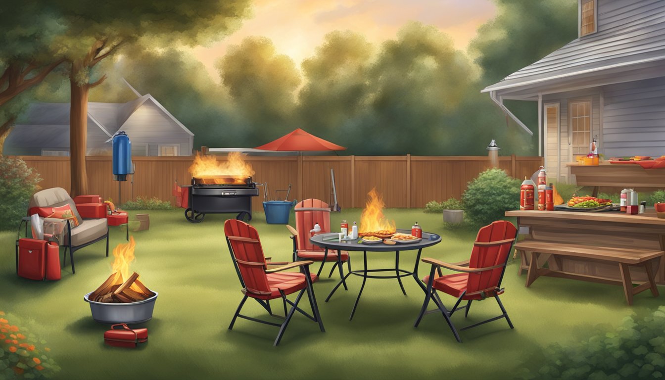 A backyard BBQ with Texas-style decorations, comfortable seating, and safety precautions such as fire extinguisher and first aid kit