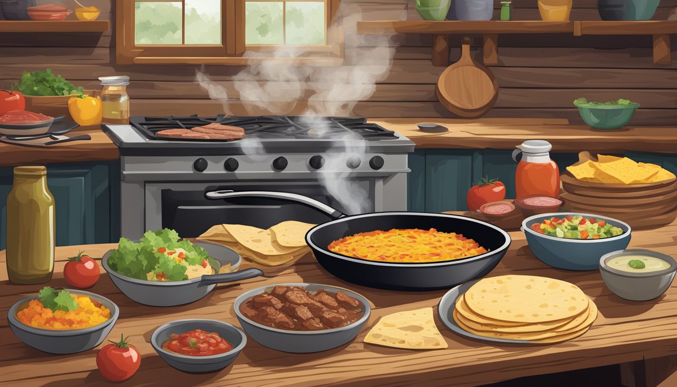 A rustic Texan kitchen with ingredients spread out on a wooden countertop. A skillet sizzles with meat, while tortillas warm on a griddle. Bowls of salsa and toppings sit nearby