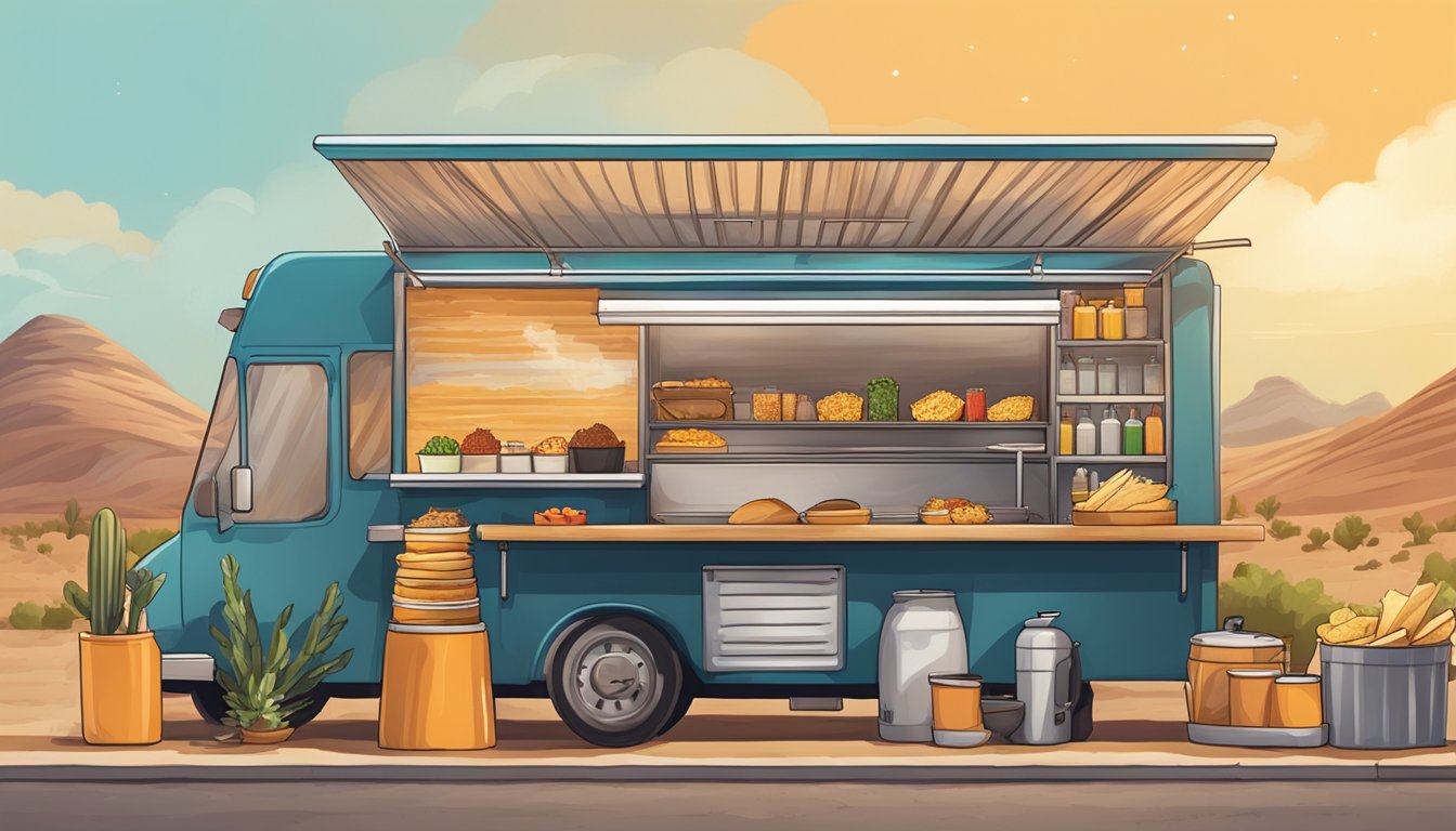 A food truck parked on the side of a dusty Texas road, with a chef grilling tacos on a sizzling hot grill. Ingredients and utensils are neatly arranged on the counter