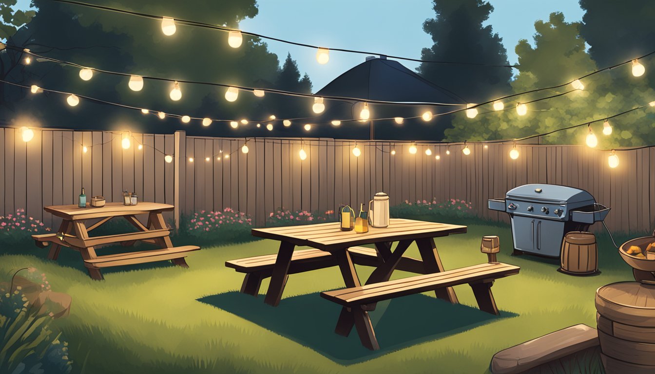 A backyard filled with picnic tables, a large grill, and hanging string lights. A cowboy hat and boots sit on a nearby fence