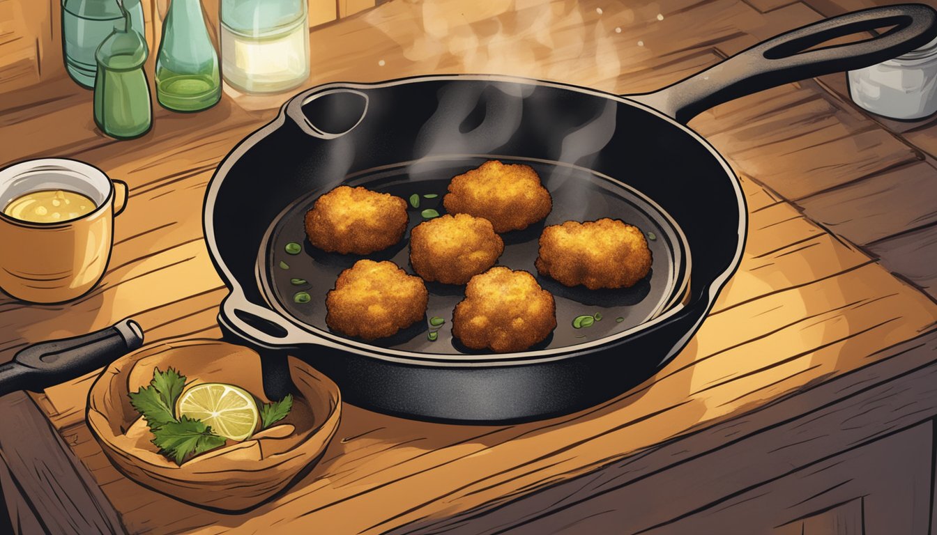 A cast iron skillet sizzling with golden brown hush puppies frying in bubbling oil, surrounded by a rustic kitchen setting with Texan decor