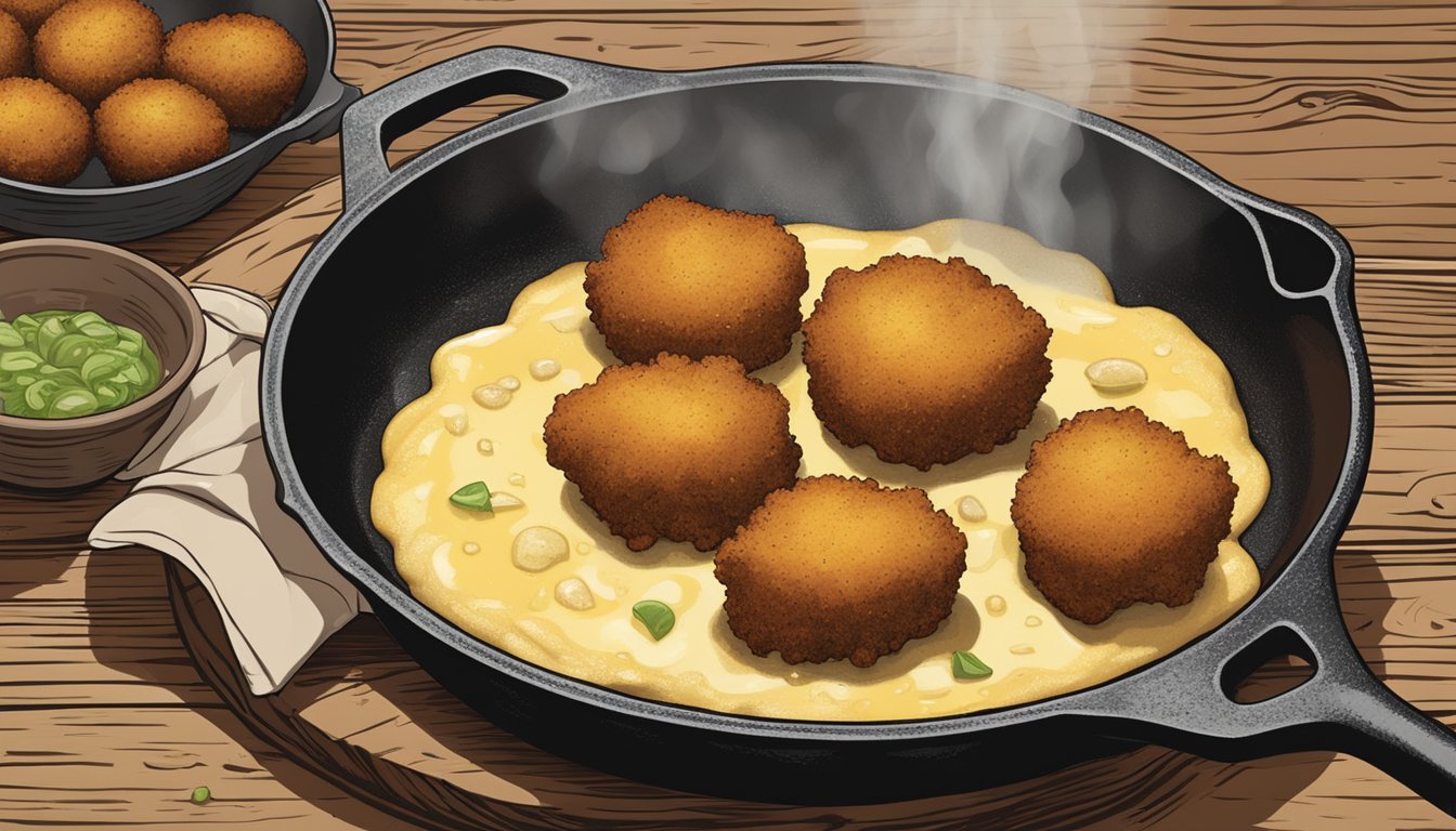 A cast iron skillet sizzling with golden-brown hush puppies frying in bubbling oil. Cornmeal, buttermilk, and onions sit nearby on a rustic wooden table