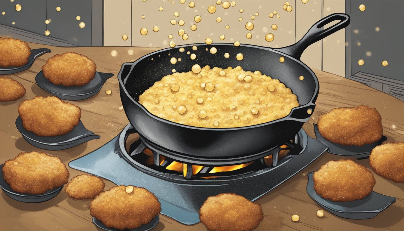 A cast iron skillet sizzling with hot oil as hush puppies are carefully dropped in for frying. Cornmeal batter and bubbles