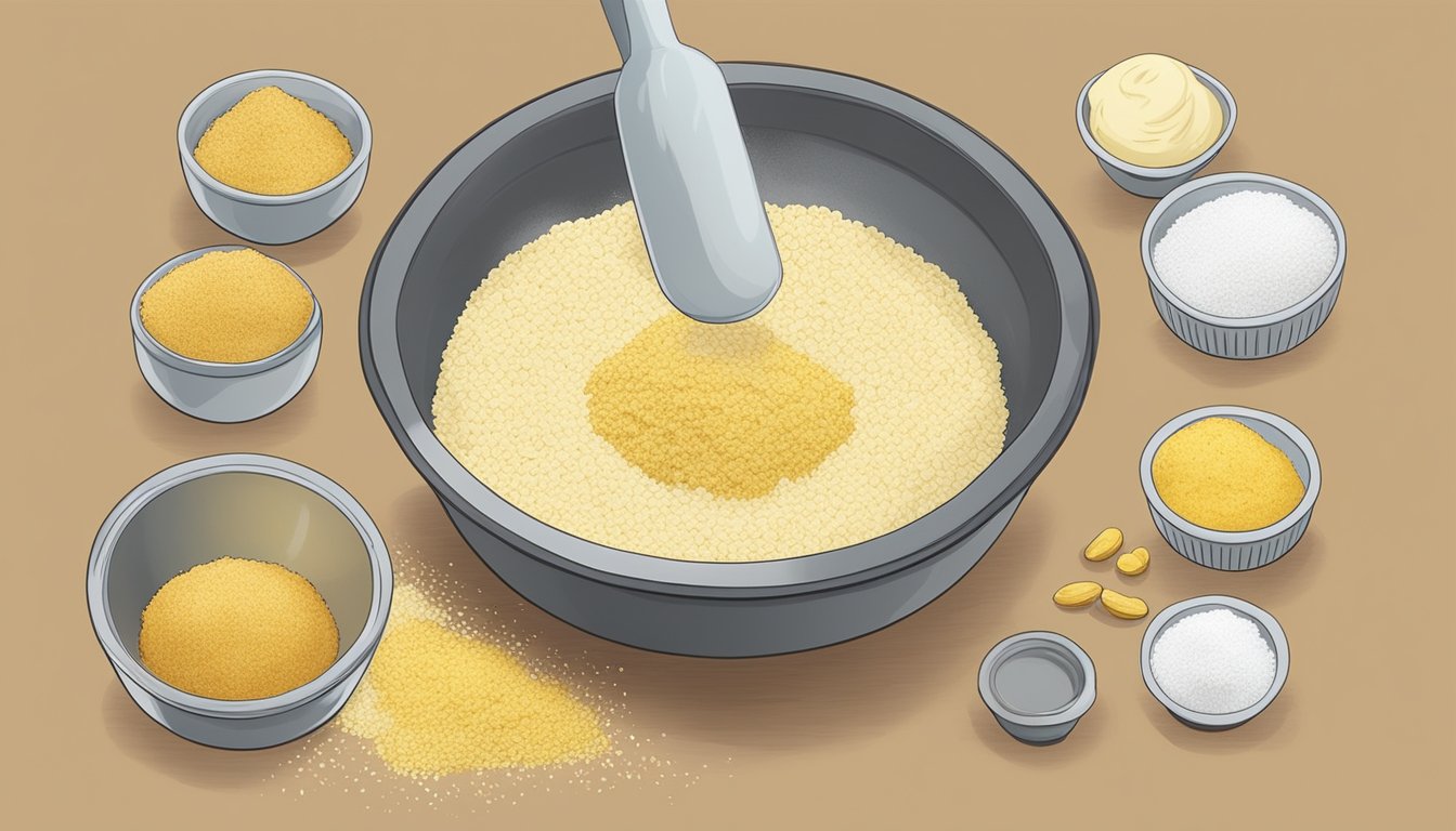 A bowl of cornmeal, flour, buttermilk, and spices being mixed together to create a smooth batter for frying hush puppies