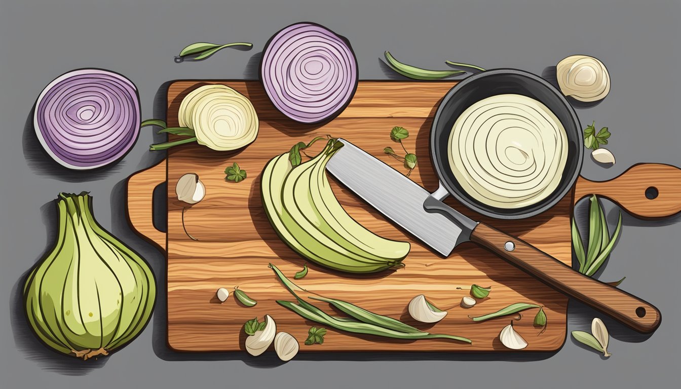 A cutting board with a chef's knife, a skillet, and a wooden spoon surrounded by Texas super sweet onions and other kitchen utensils